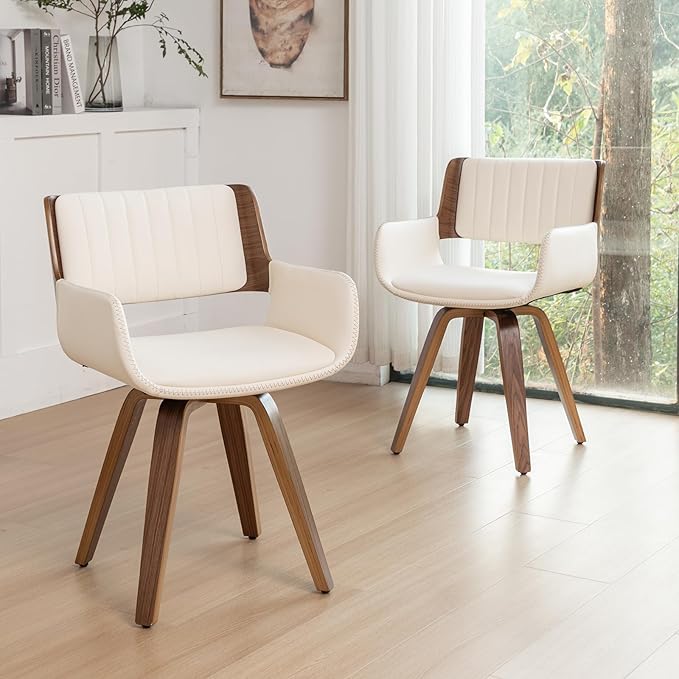LUNLING Swivel Accent Faux Leather Dining Chairs, Mid Century Modern Chairs with Wooden Legs/Armrest/Upholstered Seat/Adjustable Foots for Kitchen Dining Room Desk Chairs,Beige,1PCS