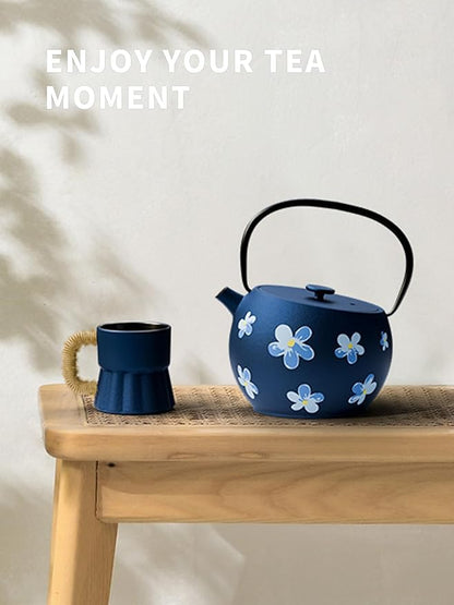 Toptier Teapot with Removable Infuser, Cast Iron Tea Kettle Stovetop Safe, Solid Geometry Ball Design Tea Pot Coated with Enameled Interior for 32 Ounce (950 ml), Navy Flower