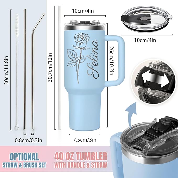 Personalized 40oz Coffee Tumbler with Text Name, Custom Stainless Steel Travel Mug with Lid and Birth Flower, Custom Mug Coffee Cup - Personalized Christmas Gifts for Women Mom