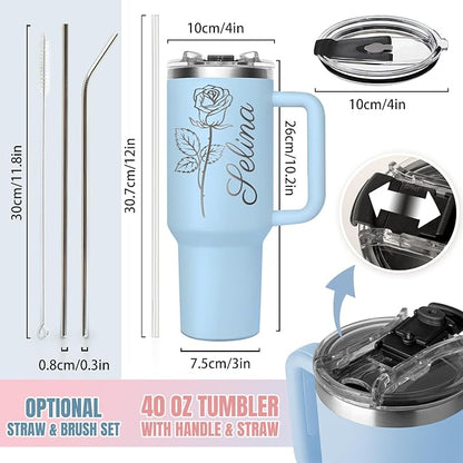 Personalized 40oz Coffee Tumbler with Text Name, Custom Stainless Steel Travel Mug with Lid and Birth Flower, Custom Mug Coffee Cup - Personalized Christmas Gifts for Women Mom