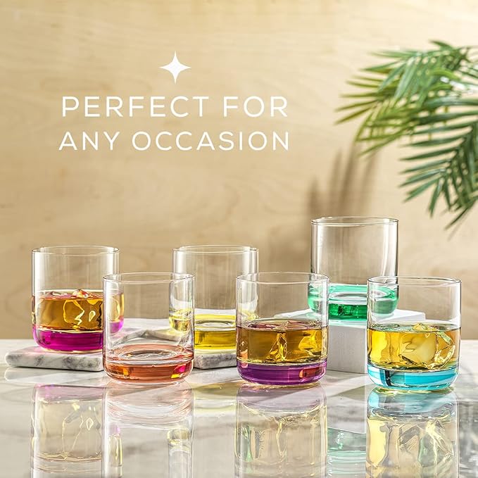JoyJolt Hue Colorful Whiskey Set of 6, 10oz Drink Glasses, Double Old Fashioned Glass, Modern Whiskey Glass Set for Bar, Low Ball Cocktail Tumbler Glasses