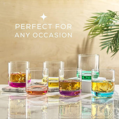 JoyJolt Hue Colorful Whiskey Set of 6, 10oz Drink Glasses, Double Old Fashioned Glass, Modern Whiskey Glass Set for Bar, Low Ball Cocktail Tumbler Glasses