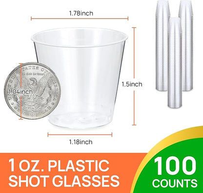 Shot Glasses,100Counts 1OZ. Plastic Shot Glasses, Clear Hard Shot Cups Disposable Shot Glasses for Holding Liquids,Sauces and Samples,1Ounces Shot Glasses Disposable Cups for Parties,Outdoor Events