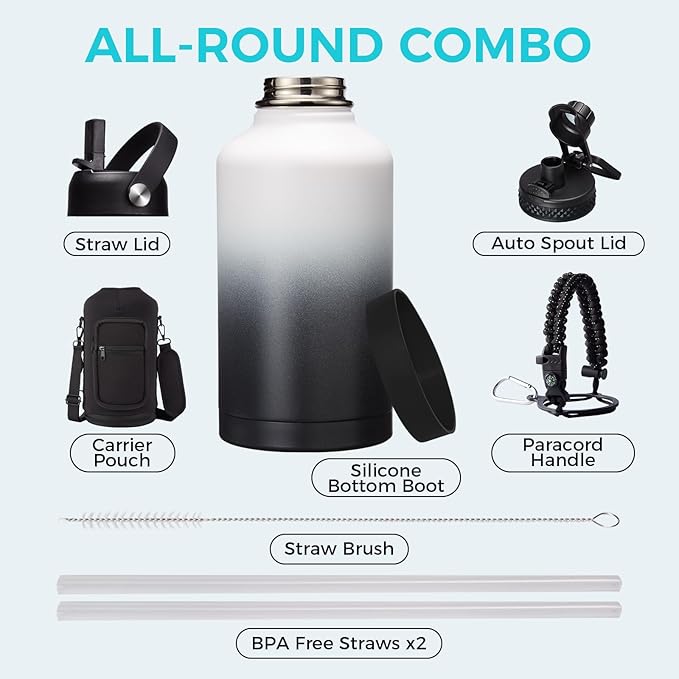 1 Gallon Water Bottle Insulated - 128 oz Water Jug with Straw Spout Lid, Paracord Handle, Carrying Bag, Protective Cup Mat, Big Stainless Steel Water Bottles, Metal Canteen for Camping Sports Gym