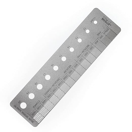 KRUVE Brewler Coffee Grind Ruler - Stainless Steel Coffee Bar Accessories for Home, Coffee Grind Size 200-1600 Microns, Green Bean Grading 11/64-20/64, 5.9 Inch Ruler, Conversion Chart, Magnetic Guide