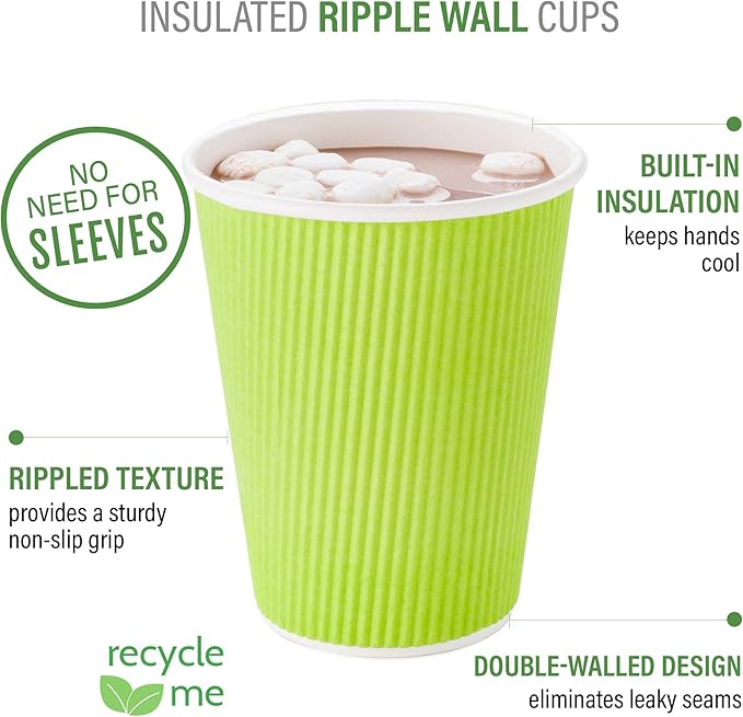 Restaurantware 12 Ounce Double Wall Disposable Coffee Cups, 500 Insulated Green Paper Tumblers with Rolled Rim Design, Lids Sold Separately for Hot Drinks like Tea, Hot Chocolate and More
