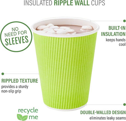 Restaurantware 12 Ounce Double Wall Disposable Coffee Cups, 500 Insulated Green Paper Tumblers with Rolled Rim Design, Lids Sold Separately for Hot Drinks like Tea, Hot Chocolate and More