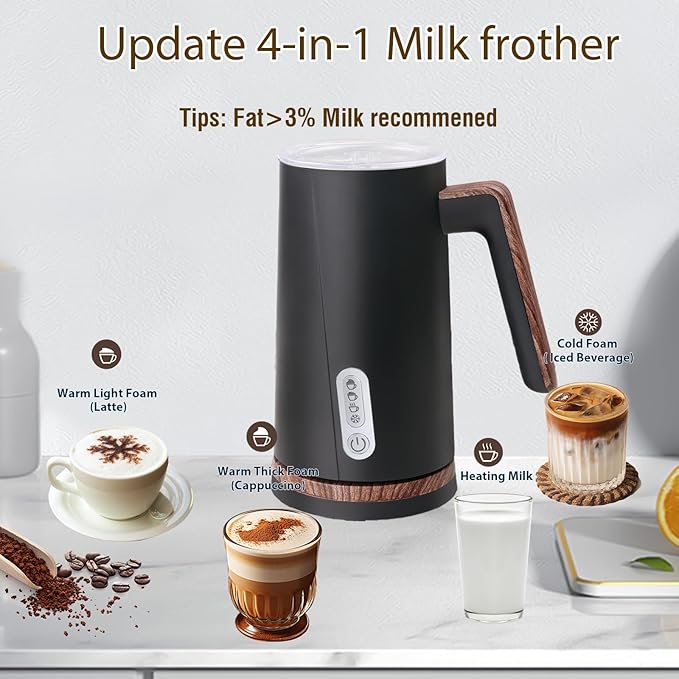 Electric Milk Frother and Steamer, 4-in-1 Milk Steamer with Wood Elements Design, Automatic Hot & Cold Foam Maker for Latte, Cappuccinos, Macchiato, Milk Warmer, Black (black)