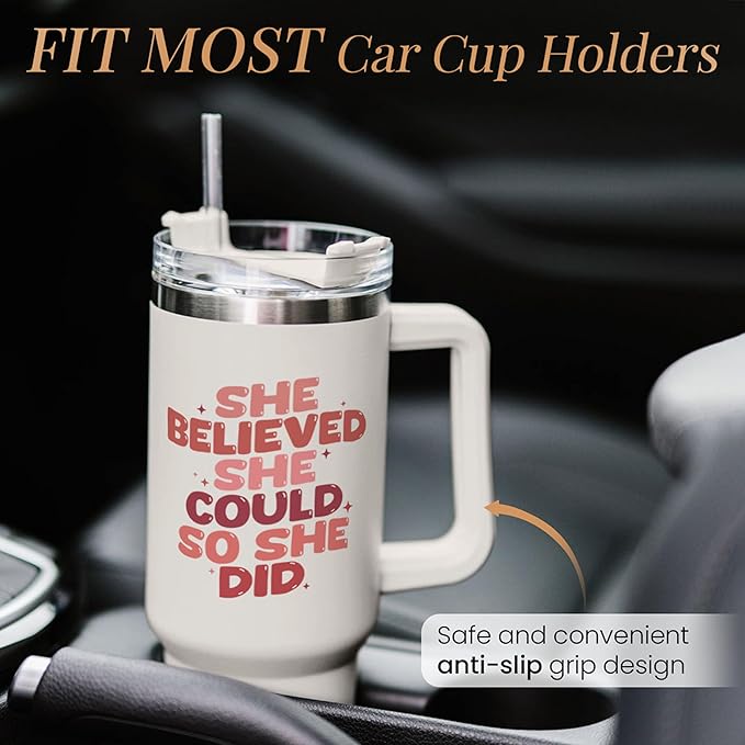 SANDJEST Graduation Gifts for Women She Believed She Could So She Did Tumbler 40oz Stainless Steel Insulated with Handle and Straw, New Job, Going Away, Inspirational Gifts for Her