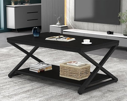 HSH Black Modern Minimalist Metal Wood Living Room Table with Storage Shelf, 39 Inch 2 Tier Rectangle Center Coffee Table