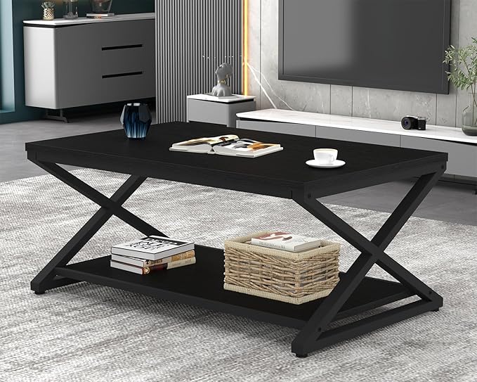 HSH Black Modern Minimalist Metal Wood Living Room Table with Storage Shelf, 39 Inch 2 Tier Rectangle Center Coffee Table