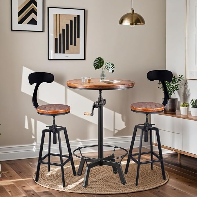 Small Kitchen Table Set, Modern Round Table and Stools for 2, Industrial Bar Stools with Backrest Height Adjustable