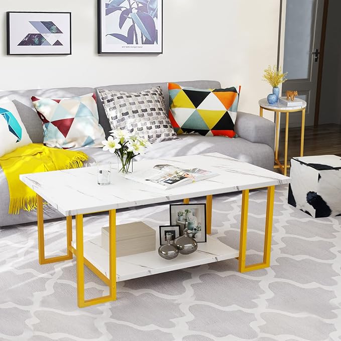Lamerge Coffee Table, Modern Faux Marble Top Coffee Table with Metal Frame and Storage Shelf, 2-Tier Rectangle Accent Cocktail Table for Living Room, Office, White Gold