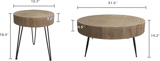 LONYKE 2-Piece Boho Farmhouse Nesting Table with Handcrafted Wood Ring Motif, Round Natural Finish Coffee Table Set for Living Room, French Country Decor, Round