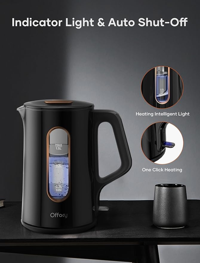 OFFACY Electric Kettle, Double Wall Glass Inner, Hot Water Boiler Heater Pot, 1.5-Liter, 1200 Watts for Fast Boiling, 53oz BPA Free, Glossy Black