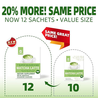 Mushroom Matcha Powder Latte Mix, 7.4 Ounce, 7 Superfood Mushrooms with 25% Beta-Glucans, Lions Mane, Reishi, Chaga, Coconut Powder, Ceremonial Grade Matcha Tea