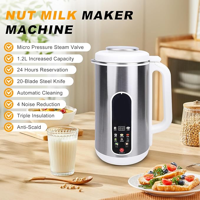 8 in 1 Nut Milk Maker, 40.6oz Stainless Steel Almond Milk Maker, Homemade Almond, Oat, Coconut, Plant Based Milks and Non Dairy Beverages