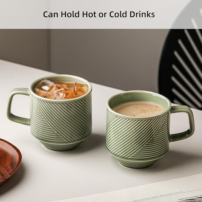 Stackable Coffee Mugs Set: 13 oz Ceramic Stacking Cups for Cappuccino Latte Tea - Microwave Safe Mug for Home & Office - 4 PCS, Pea Green