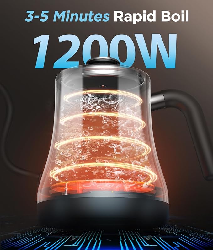 Gooseneck Electric Kettle with Temperature Control, 27oz/0.8L Fast Heat Electric Kettle for Pour Over Coffee/Tea, Auto Shut Off & Boil-Dry Protection, 4hrs Keep Warm, Stainless Steel Inner,Matte Black