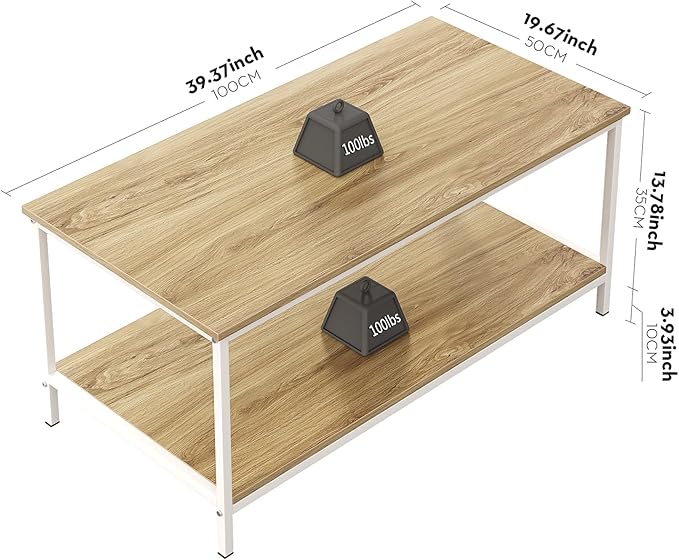 SAYGOER Coffee Table with Storage 2-Tier Industrial Center Table for Living Room, Rectangle Wood Table for Small Spaces Apartment Home Office, Oak White