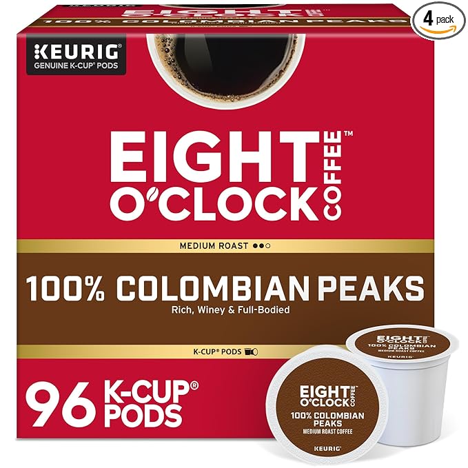 Eight O'Clock Coffee Colombian Peaks Keurig Single-Serve K-Cup Pods, Medium Roast Coffee, 96 Count (Pack of 4)
