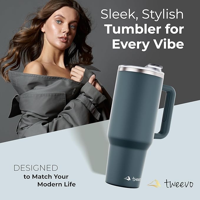 40 oz Tumbler With Handle and Straw Made of Stainless Steel - Double Wall Vacuum Insulated Tumbler With Lid - Sweat Proof Easy Grip, BPA-Free, Dishwasher Safe Tumbler (Charcoal)