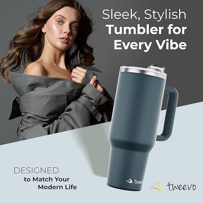 40 oz Tumbler With Handle and Straw Made of Stainless Steel - Double Wall Vacuum Insulated Tumbler With Lid - Sweat Proof Easy Grip, BPA-Free, Dishwasher Safe Tumbler (Charcoal)