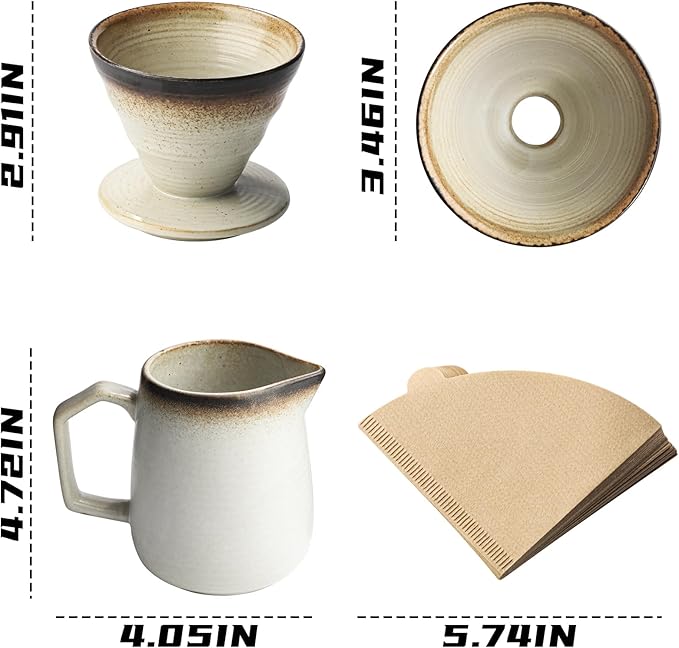 Pour Over Coffee Maker, Ceramic Coffee Dripper 20oz/620ml, with 50 pcs V60 Paper Filter, Drip Coffee Brewer, Vintage-Style (white, 1)