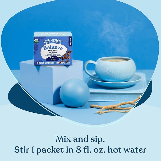 Adaptogen Organic Coffee by Four Sigmatic | Medium Roast Instant Coffee with Ashwagandha, Chaga, Eleuthero & Tulsi | Immune Support & Stress Relief | Keto | Multicolored | 0.09 Oz | Pack of 10