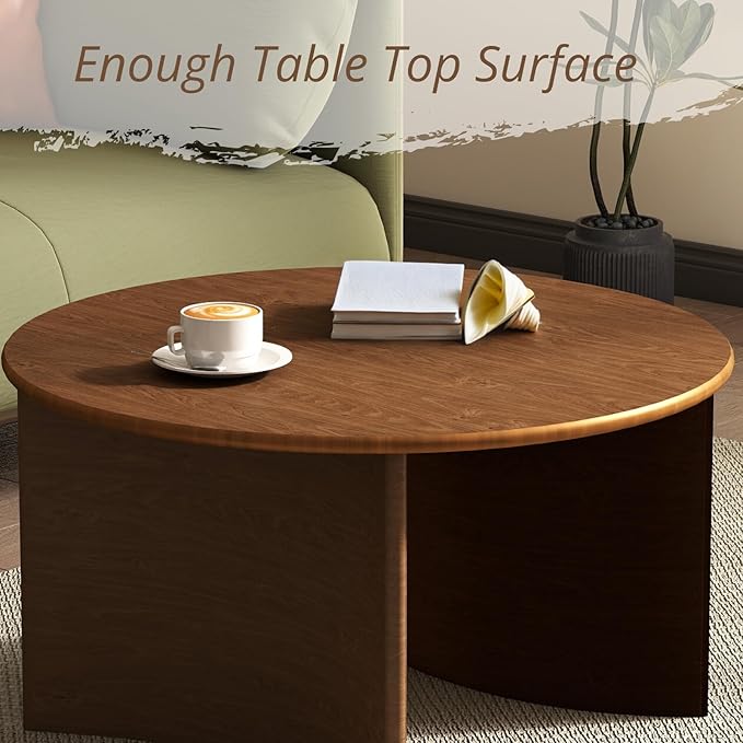 31.5″ Round Coffee Table, Walnut Circle Coffee Table with Curved Base, Solid Wood, Ideal for Living Room, Apartment, Compact Place