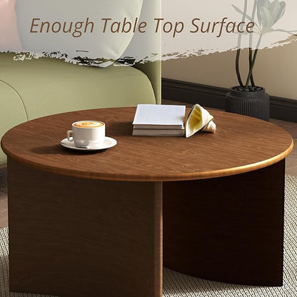 31.5″ Round Coffee Table, Walnut Circle Coffee Table with Curved Base, Solid Wood, Ideal for Living Room, Apartment, Compact Place
