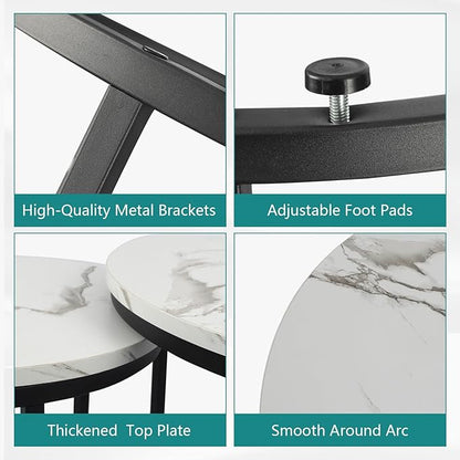 Smuxee White Nesting Coffee Table Set of 2, 23.6" Round Coffee Table Wood Grain Top with Adjustable Non-Slip Feet, Industrial End Table Side Tables for Living Room Bedroom Balcony Yard