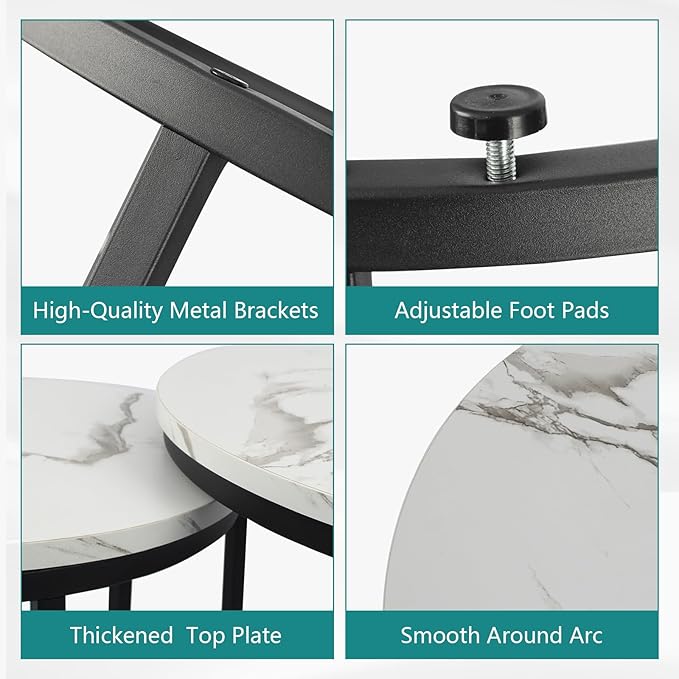 Smuxee White Nesting Coffee Table Set of 2, 23.6" Round Coffee Table Wood Grain Top with Adjustable Non-Slip Feet, Industrial End Table Side Tables for Living Room Bedroom Balcony Yard