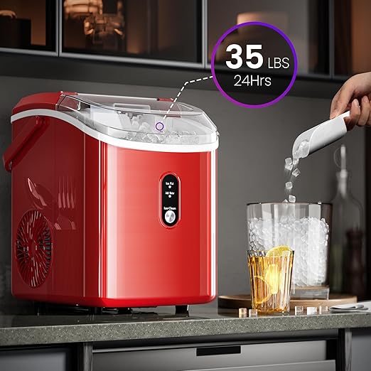 Kismile Nugget Ice Makers Countertop, Portable Sonic Ice Machine with Self-Cleaning/One-Click Operation for Home/Office(Red)