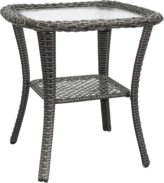 Wicker Side Table Outdoor, Patio Rattan Side Table with Glass Top and Storage Shelf, 23’’Tall Wicker Coffee Table for Yard, Deck, Garden