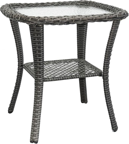 Wicker Side Table Outdoor, Patio Rattan Side Table with Glass Top and Storage Shelf, 23’’Tall Wicker Coffee Table for Yard, Deck, Garden