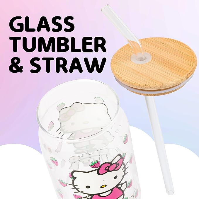Silver Buffalo Sanrio Hello Kitty Strawberry Glass Jar Tumbler with Bamboo Lid and Glass Straw, 16 Ounces