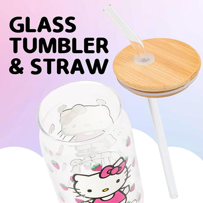 Silver Buffalo Sanrio Hello Kitty Strawberry Glass Jar Tumbler with Bamboo Lid and Glass Straw, 16 Ounces