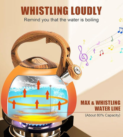 Tea Kettle Stovetop, 3.2Qt Stainless Steel Tea pots with Wood Grain Handle Food Grade Whistling Tea kettle,Induction/Gas Stoves (Orange-Red Gradient)