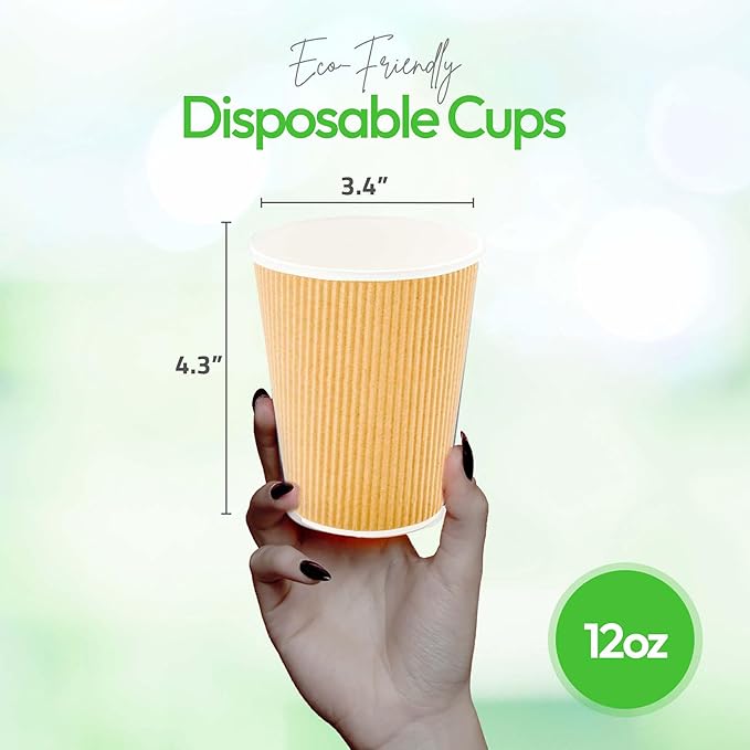 500-CT Disposable Kraft 12-OZ Hot Beverage Cups with Ripple Wall Design: No Need for Sleeves - Perfect for Cafes - Eco-Friendly Recyclable Paper - Insulated - Wholesale Takeout Coffee Cup