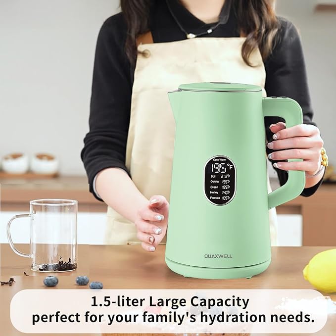 1.5L Electric Kettle Stainless Steel, Double Wall Cool Touch Teapot, Fast Boil,5 Temperature Control, LED Display, Auto Shut-Off,Keep Warm Function,Green