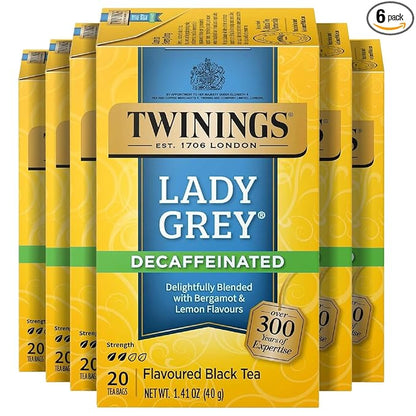 Twinings Decaffeinated Lady Grey Black Tea Individually Wrapped Bags, 20 Count (Pack of 6), Orange Peel & Lemon Peel, Enjoy Hot or Iced, 120 Teabags