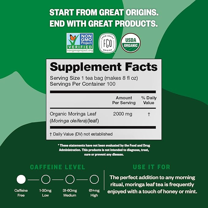 FGO Organic Moringa Tea, 100 Count, Eco-Conscious Tea Bags, Resealable Bag, Caffeine Free, Packaging May Vary (Pack of 1)
