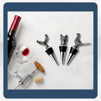 Regent Stainless Steel 3-Piece Animal Stoppers Set (Trapezium Holder) Classic Design 3 Piece Wine Stopper Set, Bottle Stoppers with stand - Set of 3