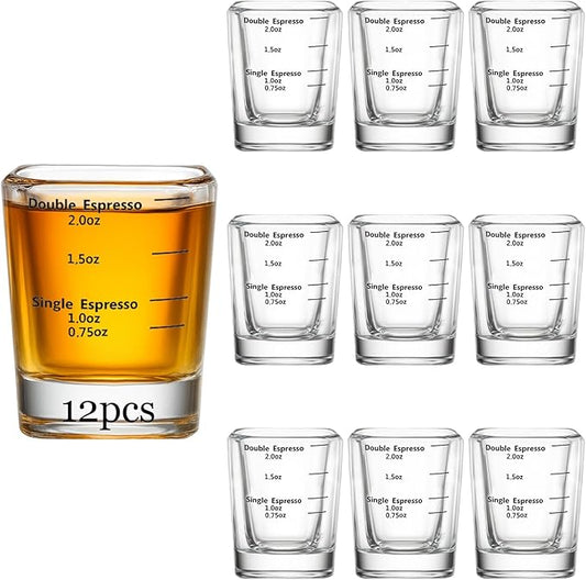 Ruckae 12 Pack 2oz Square Glass Shot Glass Set - Precision Marked for Accurate Alcohol Pouring - Ideal for Whiskey, Vodka,Rum,and Cocktails - Perfect for Bars,Restaurants,and Home Use