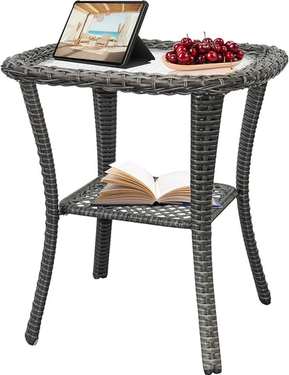Outdoor Wicker Side Table,Double Rectangular Wicker Patio Table with Storage,All Weather Resin Rattan Patio Glass Coffee Desk for Garden,Backyard,Pool Indoor Companion