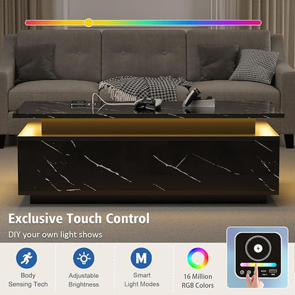 LED Coffee Table with Storage, Black Coffee Table with Wireless Charging and Speaker, High Glossy Modern Center Table with 24 Color LED Lights for Living Room Bedroom, Black
