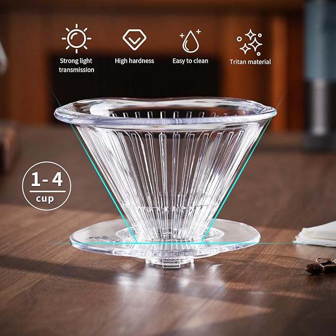 Bincoo Pour Over Coffee Dripper,Safe Tritan Plastic Coffee Dripper with 50pcs Filters Paper,2-4 Cups Size 02 Dripper Coffee Maker Slow Brewing Coffee Pour Over for Cafe,Travel,Home (Transparent)