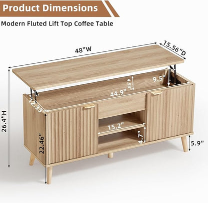 LEYAOYAO 48" Fluted Lift Top Coffee Table with Hidden Storage & Adjustable Shelves, Lifting Tabletop Large Rectangular Coffee Tables, Mid Century Modern Wood Center Table for Living Room, Natural