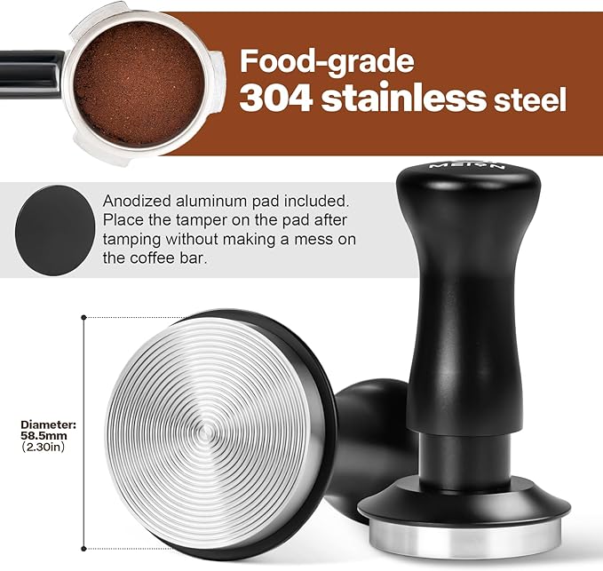 MEION Espresso Tamper 58.5mm Coffee Tamper, Calibrated Dual Spring Loaded Barista Tamper with Stainless Steel Base, Comes with aluminum storage pad (58.5MM, Black)